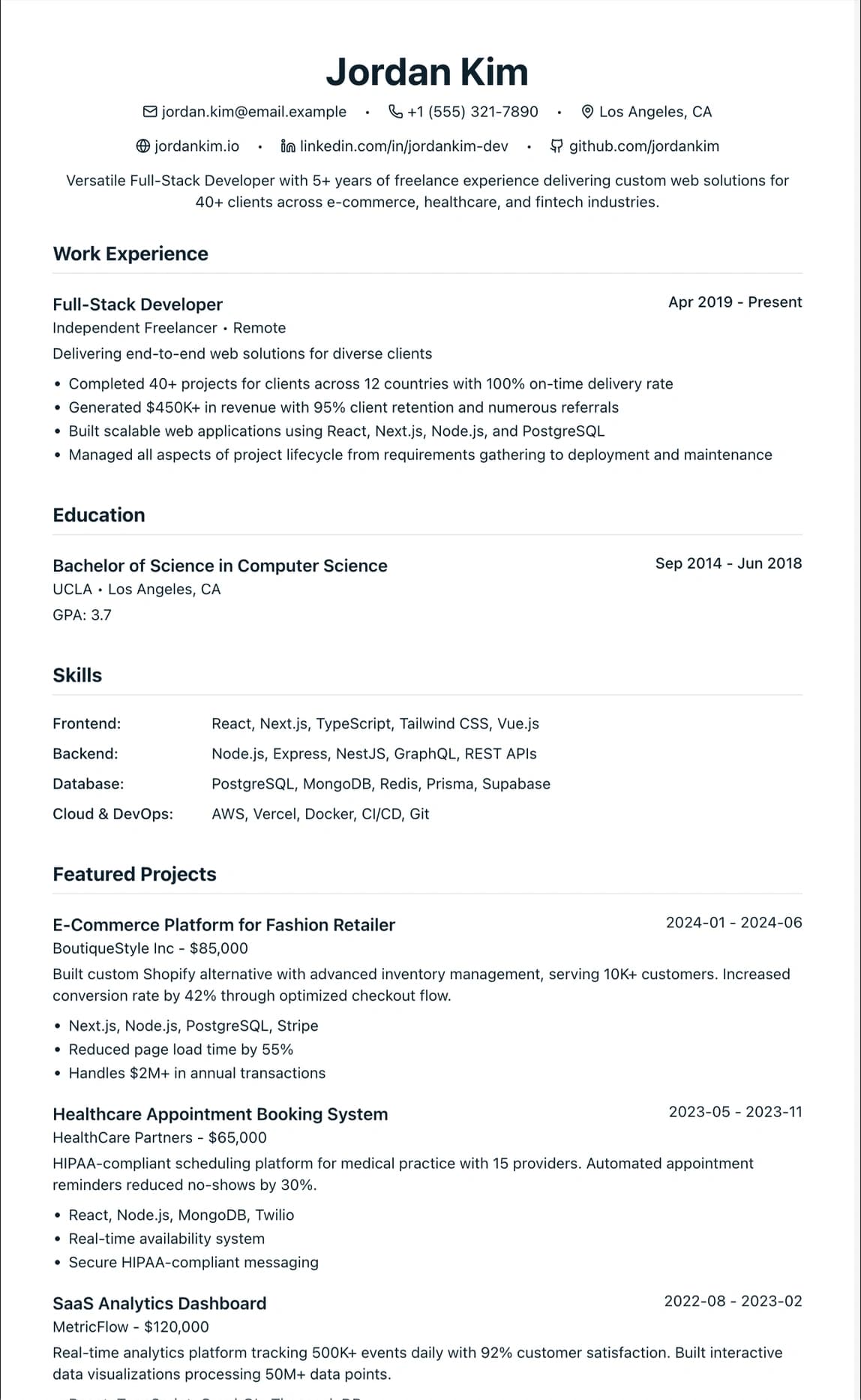A freelancer's resume showcasing diverse client projects and outcomes