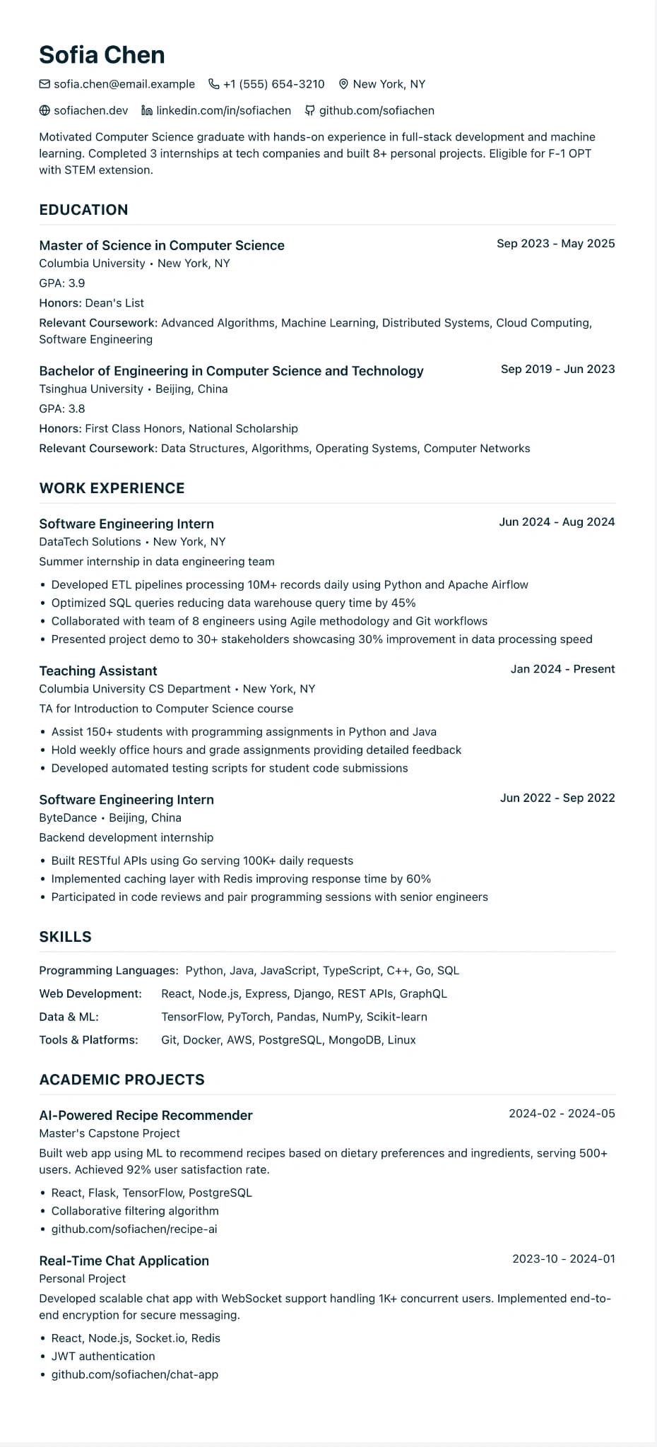 An international student's resume adapted for the US market, showcasing coursework and projects