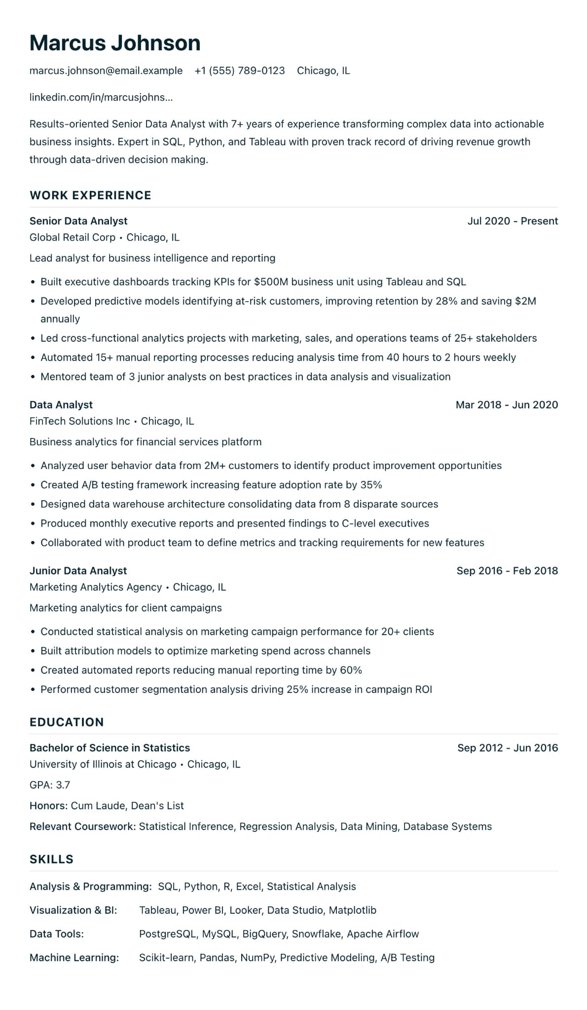 Minimalist ATS-optimised CV template with single-column layout and standard section headings