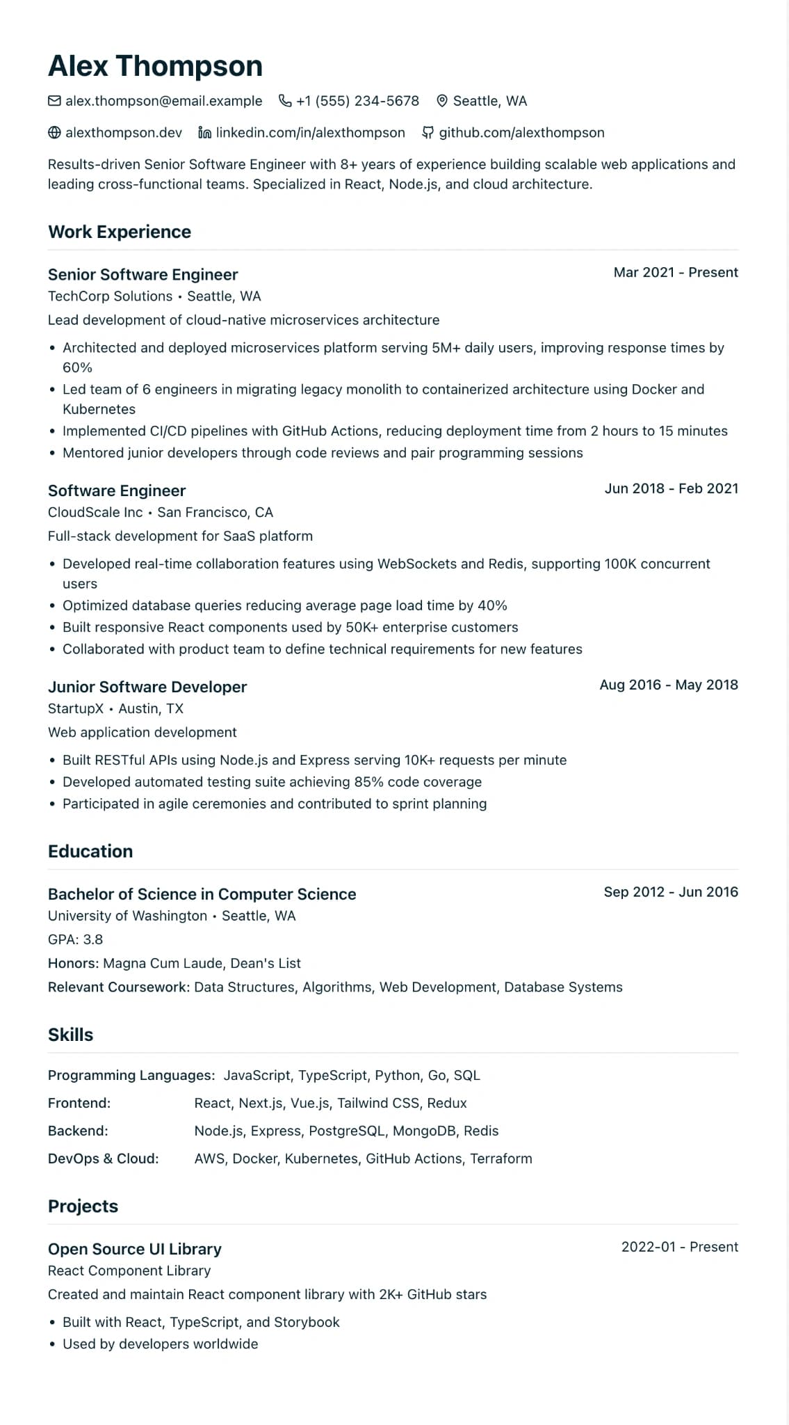 Two-column Modern Professional resume with a colored sidebar — visually polished but harder for some ATS parsers to read in the correct order