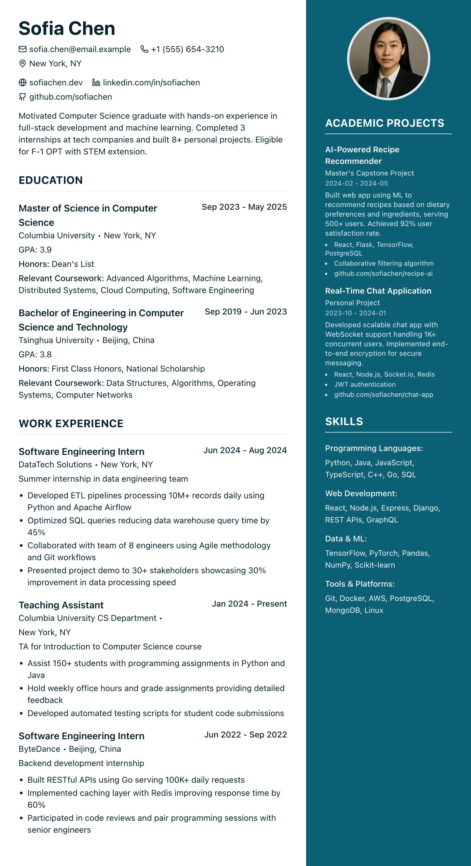 Modern professional resume example with two-column layout showing clean formatting with no watermarks