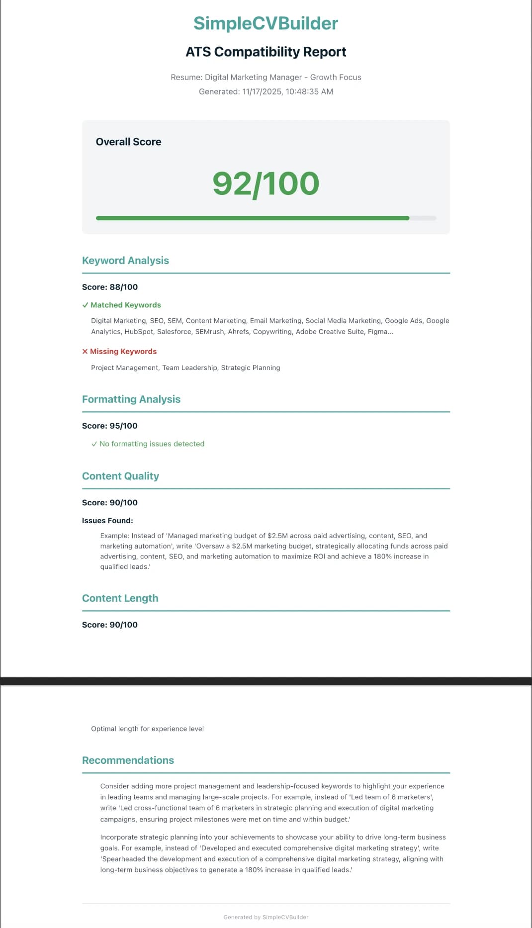 ATS compatibility report showing a score of 92/100 with specific improvement suggestions