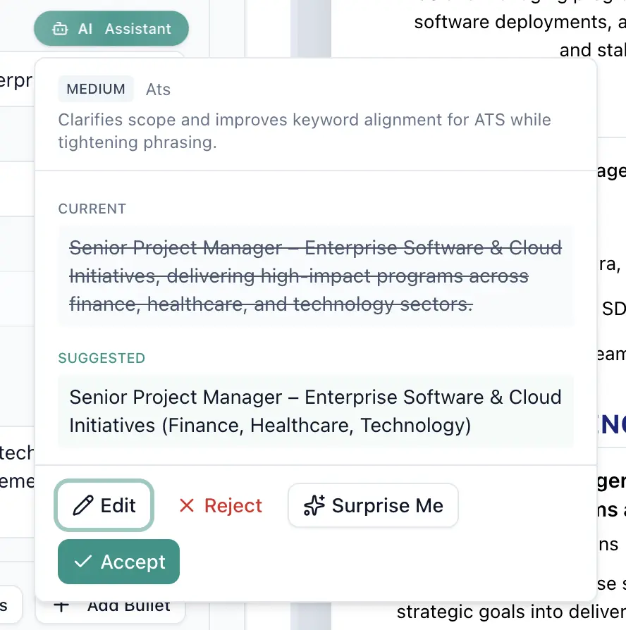 AI Resume Optimizer showing ATS analysis, content quality check, and bullet improvement suggestions