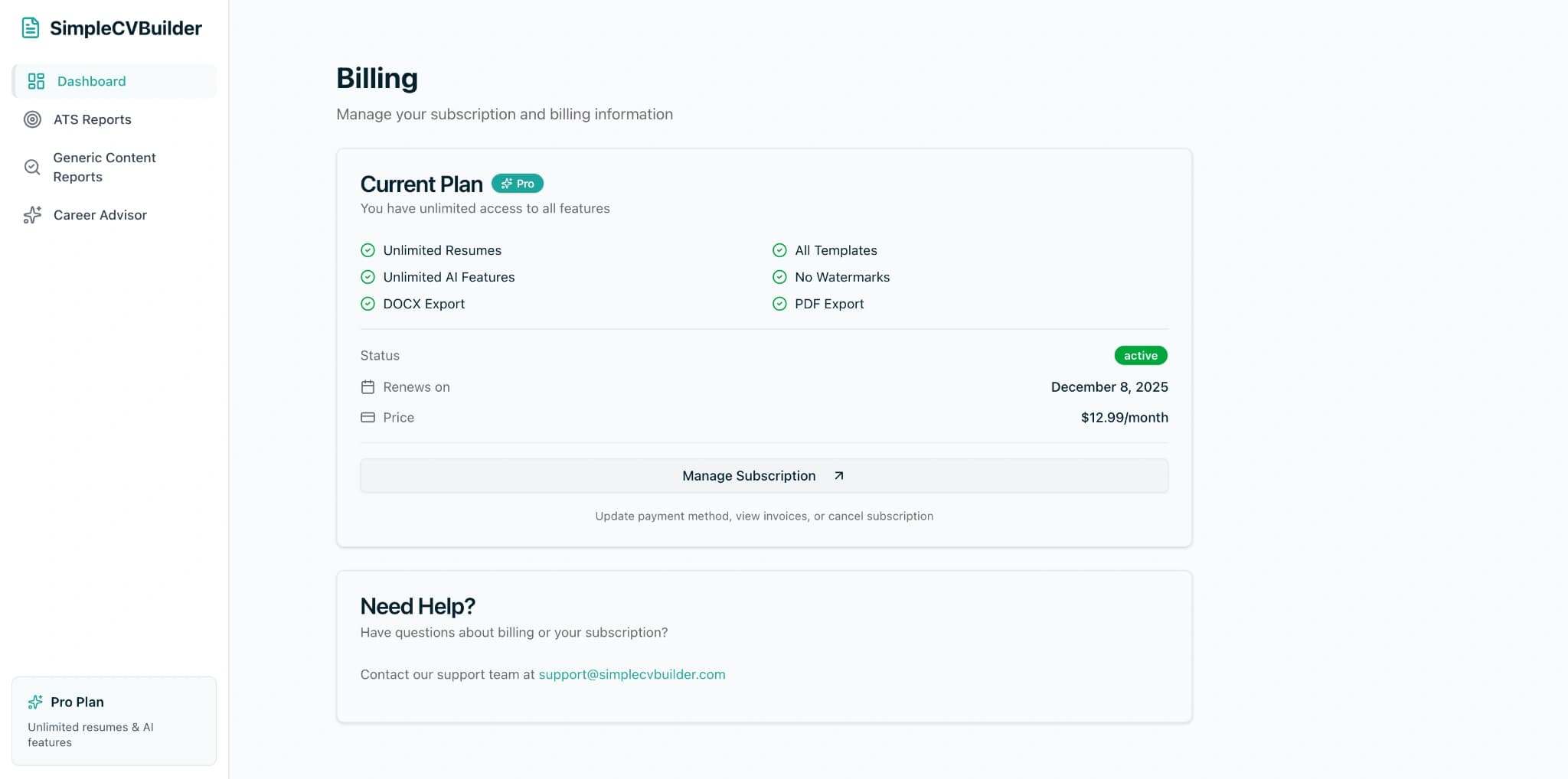 SimpleCVBuilder pricing page showing free vs pro plan comparison