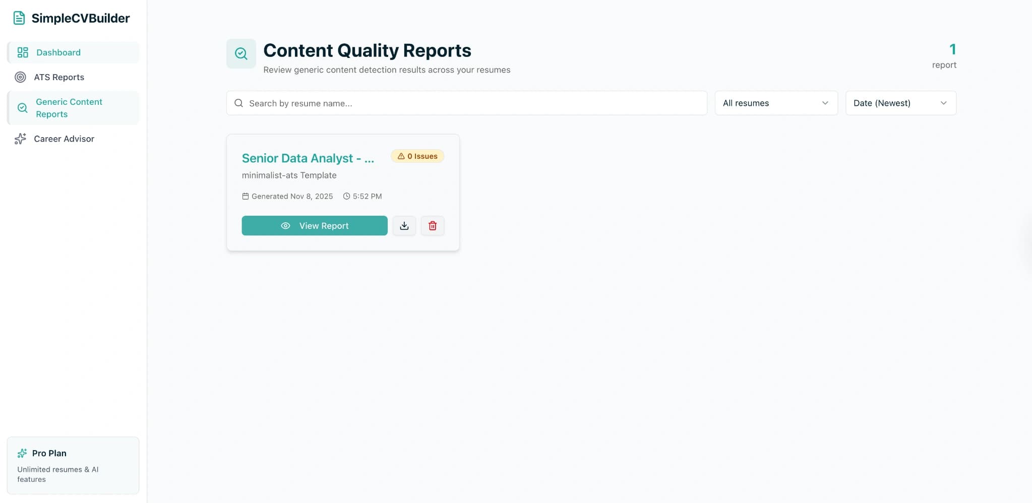 SimpleCVBuilder's AI bullet and content-quality tools rewriting a freelancer project description into an outcome-first bullet