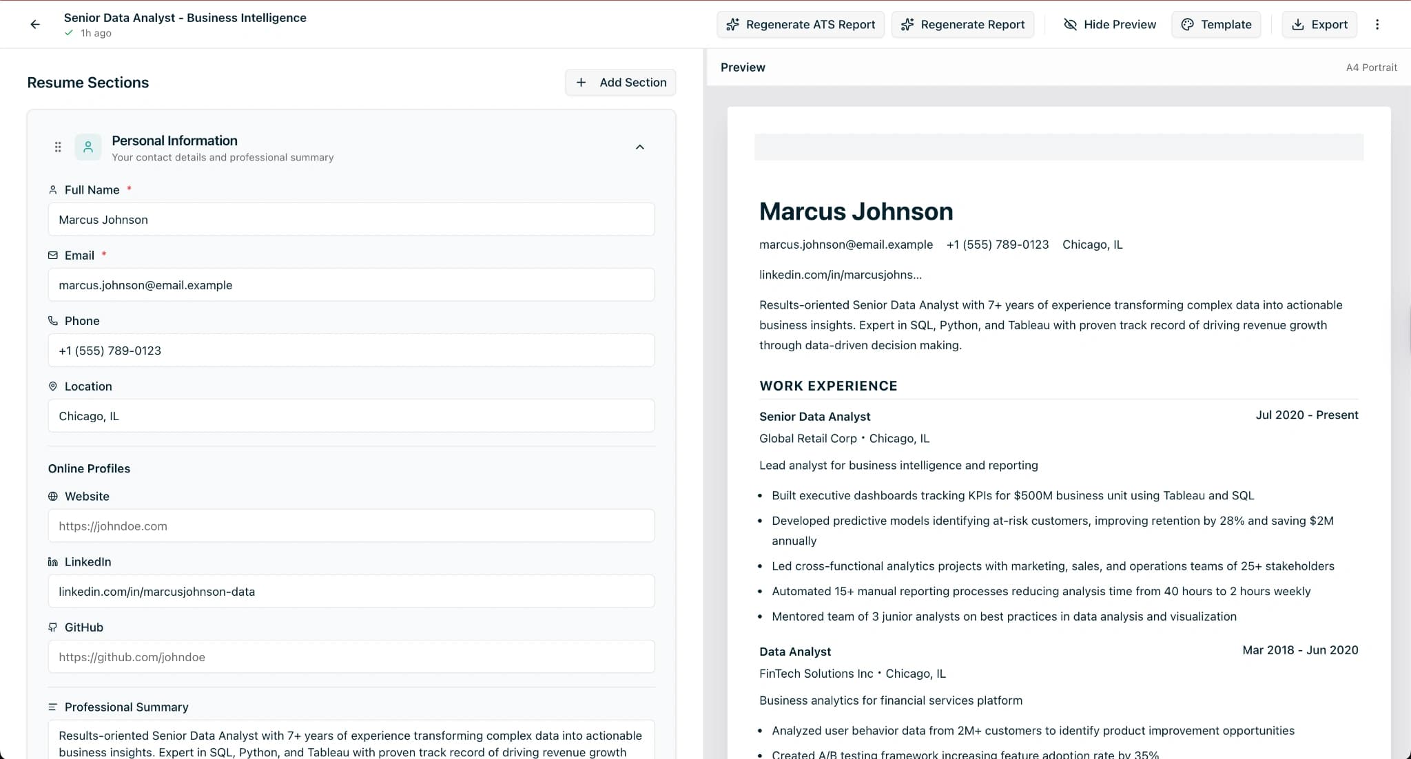 SimpleCVBuilder resume editor with real-time preview